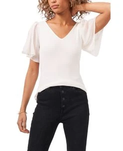 1.STATE Women's Flutter Short Sleeve V-Neck Top