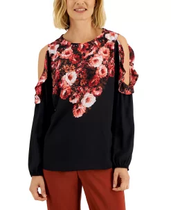 JM Collection Women's Cold-Shoulder Mixed-Media Floral Top, Created For Macy's -Anne Klein Sales Store 22269471 fpx