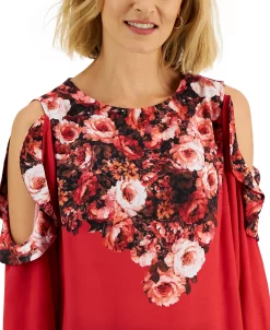 JM Collection Women's Cold-Shoulder Mixed-Media Floral Top, Created For Macy's -Anne Klein Sales Store 22269479 fpx