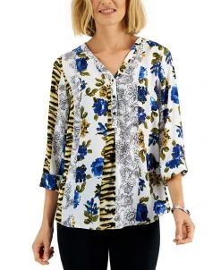 JM Collection Women's Printed Roll-Tab-Sleeve Top, Created For Macy's