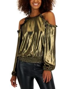 INC International Concepts Women's Metallic Cold-Shoulder Ruffle-Trim Blouse, Created For Macy's
