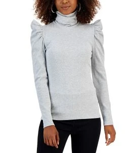 INC International Concepts Women's Metallic Ribbed Puff-Sleeve Turtleneck Top, Created For Macy's