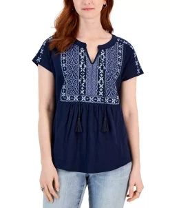 Style & Co Women's Embroidered Split-Neckline Top, Created For Macy's -Anne Klein Sales Store 22282401 fpx