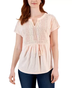 Style & Co Women's Embroidered Split-Neckline Top, Created For Macy's -Anne Klein Sales Store 22282403 fpx