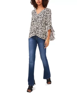 Vince Camuto Women's Flutter Sleeve V-neck Etched Geo Blouse -Anne Klein Sales Store 22291733 fpx