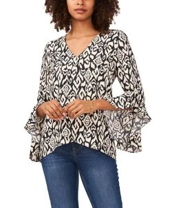 Vince Camuto Women's Flutter Sleeve V-neck Etched Geo Blouse