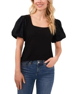 CeCe Women's Balloon Eyelet Sleeve Square Neck Knit Top
