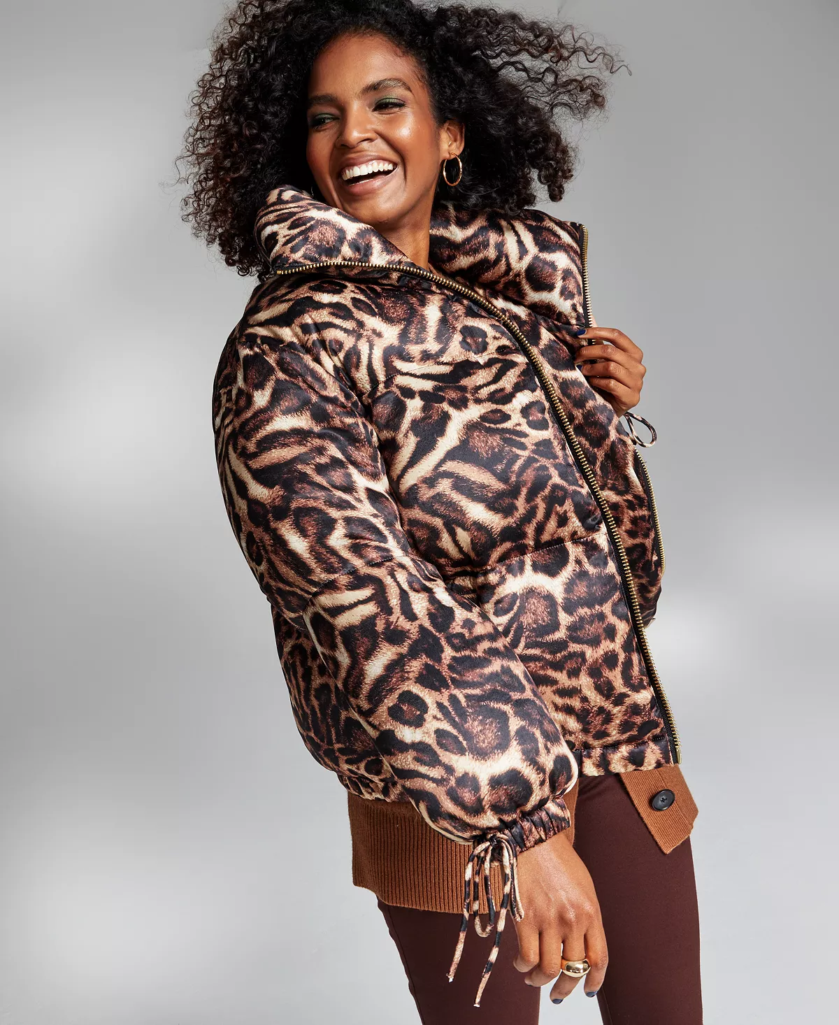INC International Concepts Ade Samuel For INC Women's Animal-Print Tie-Cuff Puffer Jacket, Created For Macy's 3 INC International Concepts Ade Samuel For INC Women's Animal-Print Tie-Cuff Puffer Jacket, Created For Macy's - Image 3