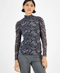 Bar III Women's Draped-Sleeve Animal-Print Mesh Top, Created For Macy's