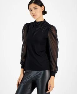 Bar III Women's Embroidered Funnel-Neck Sheer-Sleeve Top, Created For Macy's