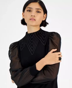 Bar III Women's Embroidered Funnel-Neck Sheer-Sleeve Top, Created For Macy's -Anne Klein Sales Store 22299093 fpx