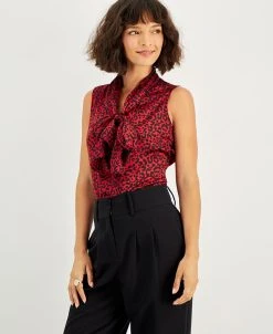 Bar III Women's Animal-Print Tie-Neck Blouse, Created For Macy's