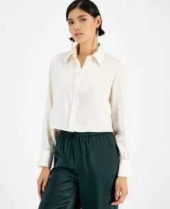 Bar III Women's Cropped Button-Front Long-Sleeve Blouse, Created For Macy's