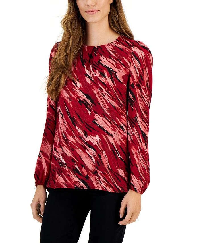 Kasper Women's Pleat-Neck Printed Long-Sleeve Top 1 Kasper Women's Pleat-Neck Printed Long-Sleeve Top