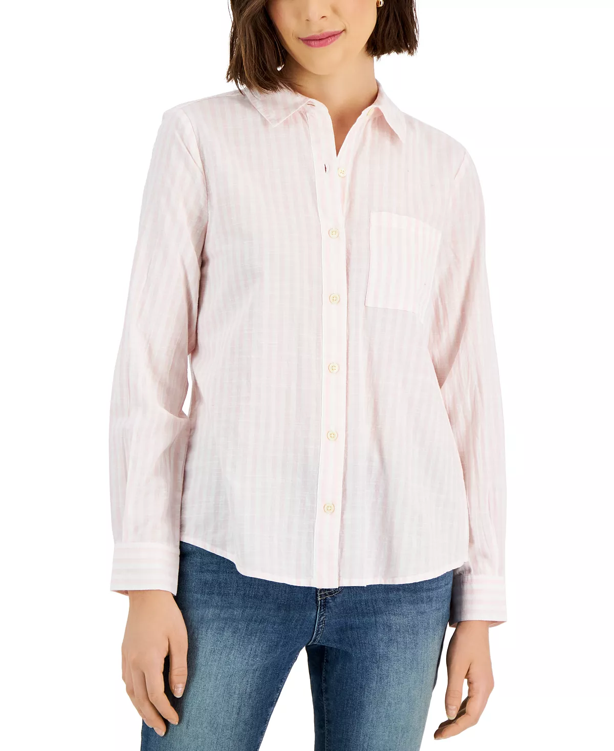 Style & Co Women's Striped Cotton Button-Up Shirt, Created For Macy's 3 Style & Co Women's Striped Cotton Button-Up Shirt, Created For Macy's - Image 3