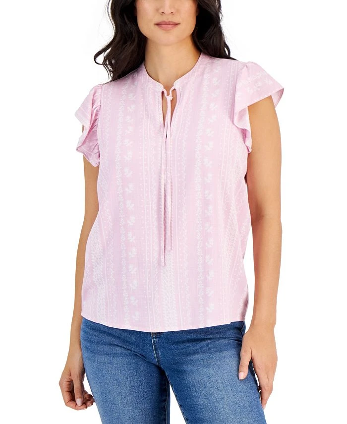 Style & Co Women's Printed Woven Flutter-Sleeve Tie-Neck Top, Created For Macy's 1 Style & Co Women's Printed Woven Flutter-Sleeve Tie-Neck Top, Created For Macy's