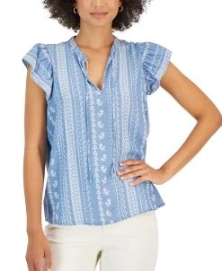 Style & Co Women's Printed Woven Flutter-Sleeve Tie-Neck Top, Created For Macy's