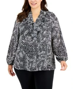 Kasper Plus Size Printed Ruffled Long-Sleeve Blouse