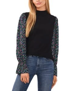 CeCe Women's Mixed-Media Mock-Neck Knit Top