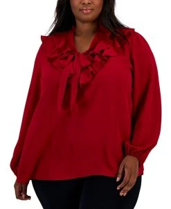 Kasper Plus Size Ruffled Tie-Neck Blouse