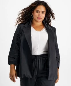 Bar III Plus Size Washed Satin Pleated-Sleeve Jacket, Created For Macy's