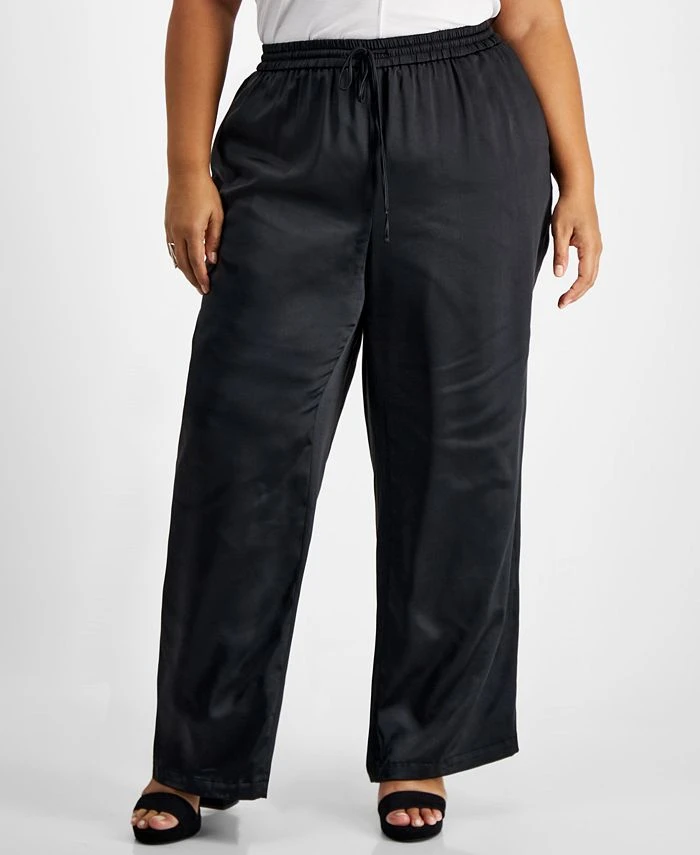 Bar III Plus Size Washed Satin Pull-On Wide-Leg Pants, Created For Macy's 1 Bar III Plus Size Washed Satin Pull-On Wide-Leg Pants, Created For Macy's