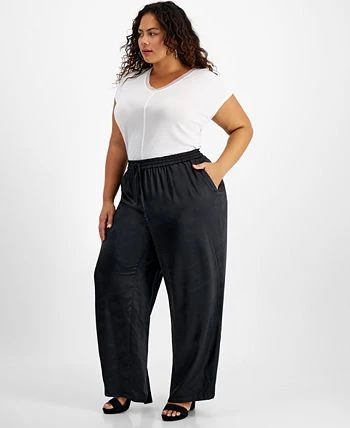 Bar III Plus Size Washed Satin Pull-On Wide-Leg Pants, Created For Macy's 3 Bar III Plus Size Washed Satin Pull-On Wide-Leg Pants, Created For Macy's - Image 3