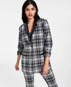 Bar III Women’s Plaid-Print Faux-Leather-Trim Blazer, Created For Macy’s -Anne Klein Sales Store 22338098 fpx