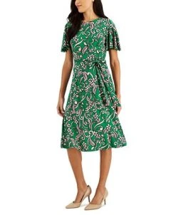 Kasper Printed Flutter-Sleeve Belted Dress -Anne Klein Sales Store 22343934 fpx
