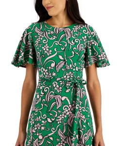 Kasper Printed Flutter-Sleeve Belted Dress -Anne Klein Sales Store 22343935 fpx
