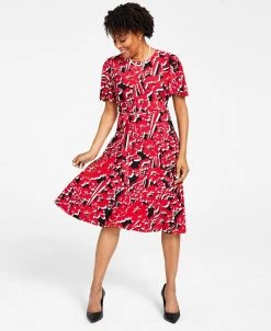 Kasper Printed Flutter-Sleeve Belted Dress