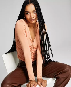 And Now This Women's Ruched Long-Sleeve V-Neck Knit Top