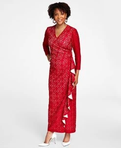 Kasper Lace Surplice V-Neck Ruffled Maxi Dress