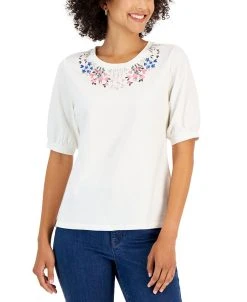 Charter Club Women's Floral-Embroidery Crewneck, Created For Macy's