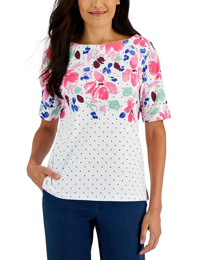 Karen Scott Women's Printed Elbow-Sleeve Boatneck Top, Created For Macy's 1 Karen Scott Women's Printed Elbow-Sleeve Boatneck Top, Created For Macy's