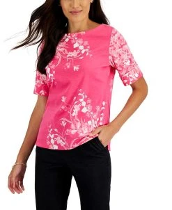 Karen Scott Women's Printed Elbow-Sleeve Boatneck Top, Created For Macy's