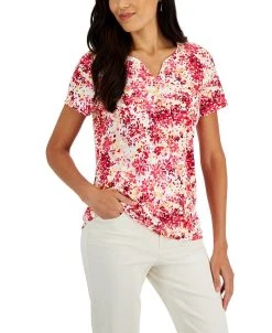 Karen Scott Women's Short-Sleeve Floral-Print Henley Top, Created For Macy's