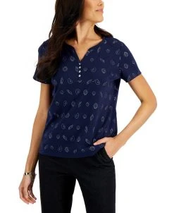Karen Scott Women's Short-Sleeve Shell-Print Henley Top, Created For Macy's