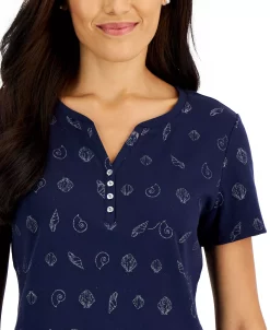 Karen Scott Women's Short-Sleeve Shell-Print Henley Top, Created For Macy's -Anne Klein Sales Store 22346078 fpx