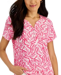 Karen Scott Women's Short-Sleeve Printed Henley Top, Created For Macy's -Anne Klein Sales Store 22346083 fpx