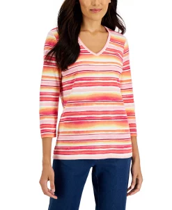 Karen Scott Women's Waterview-Stripe 3/4-Sleeve Top, Created For Macy's