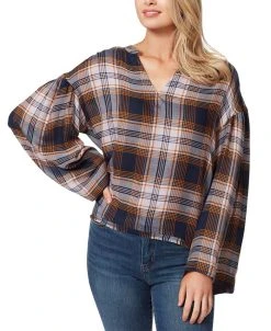 Jessica Simpson Women's Jenna Plaid Notch-Neck Top