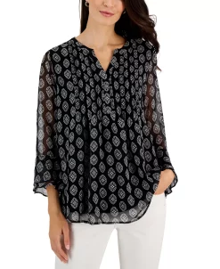 Charter Club Women's Medallion-Print Pintuck Top, Created For Macy's 9 Charter Club Women's Medallion-Print Pintuck Top, Created For Macy's -Anne Klein Sales Store 22354042 fpx