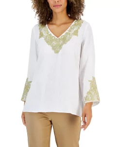JM Collection Women's Embroidered V-Neck 3/4-Sleeve Top, Created For Macy's 8 JM Collection Women's Embroidered V-Neck 3/4-Sleeve Top, Created For Macy's -Anne Klein Sales Store 22354582 fpx