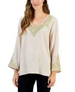 JM Collection Women's Embroidered V-Neck 3/4-Sleeve Top, Created For Macy's