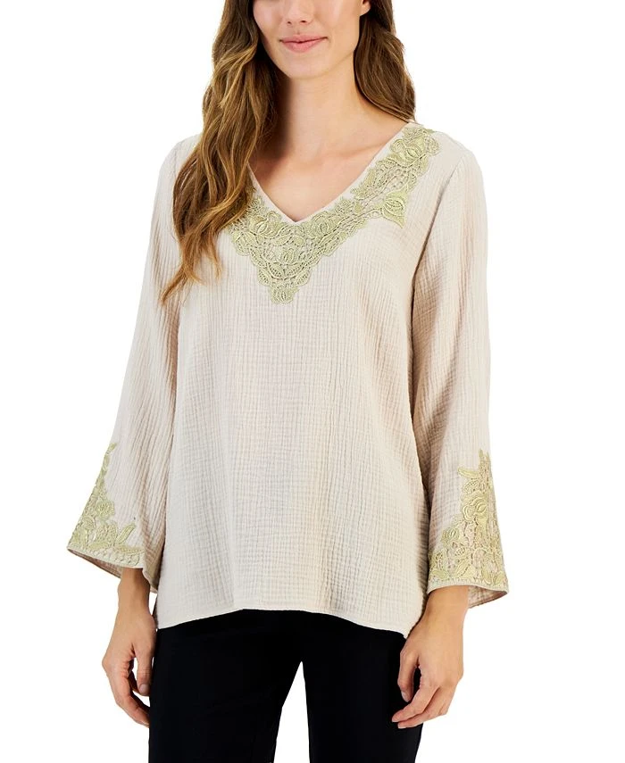 JM Collection Women's Embroidered V-Neck 3/4-Sleeve Top, Created For Macy's 1 JM Collection Women's Embroidered V-Neck 3/4-Sleeve Top, Created For Macy's