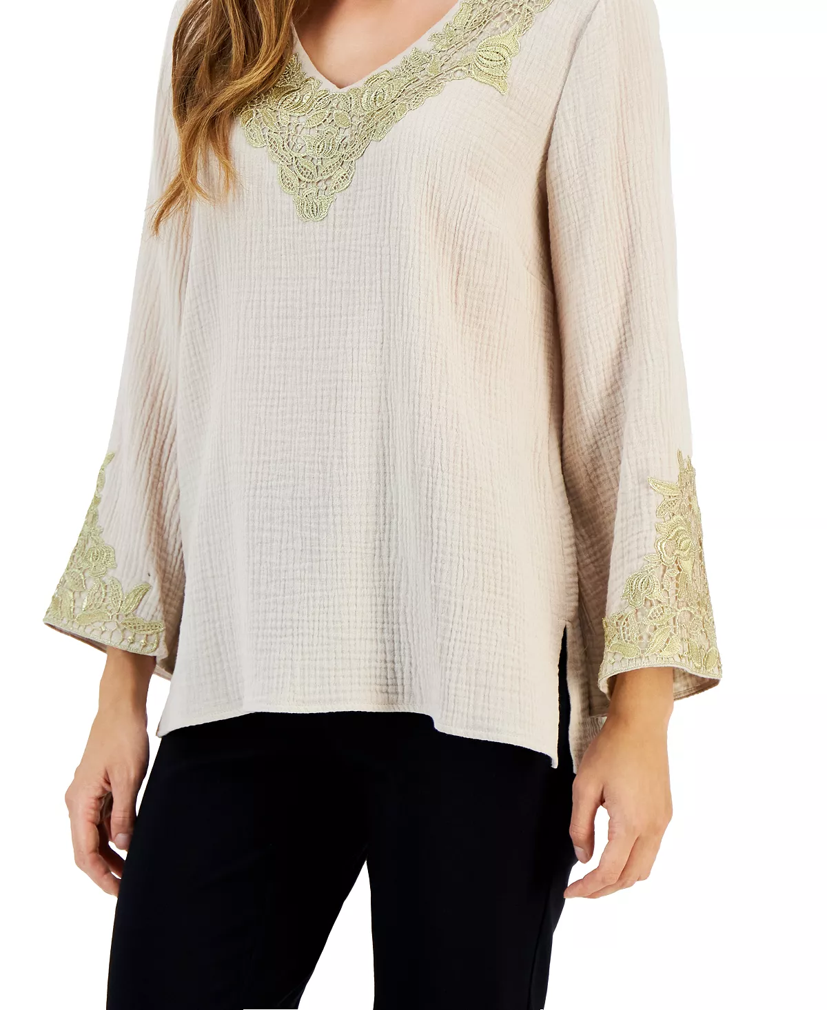 JM Collection Women's Embroidered V-Neck 3/4-Sleeve Top, Created For Macy's 3 JM Collection Women's Embroidered V-Neck 3/4-Sleeve Top, Created For Macy's - Image 3