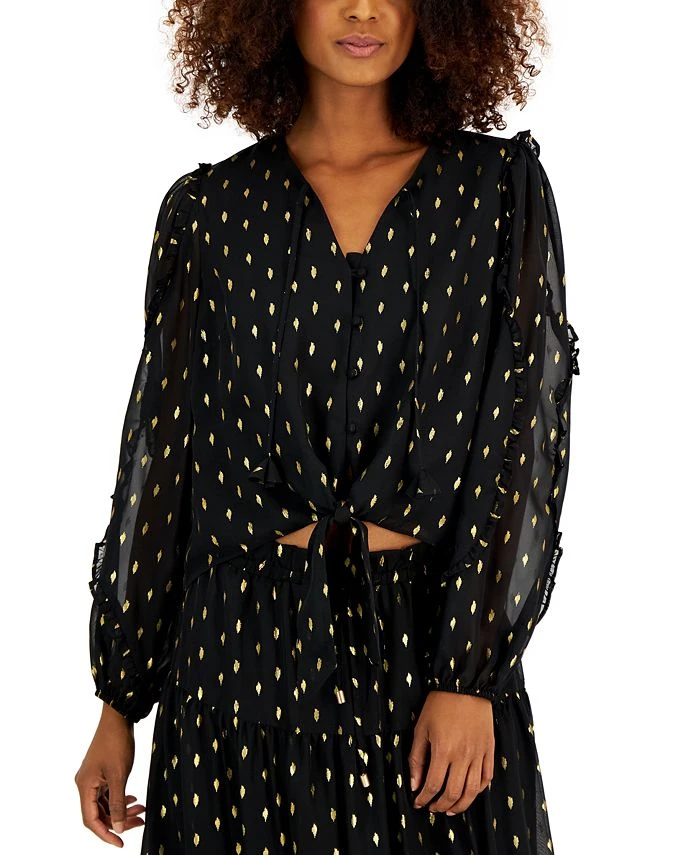 INC International Concepts Women's Long-Sleeve Metallic-Print Tie-Waist Blouse, Created For Macy's 1 INC International Concepts Women's Long-Sleeve Metallic-Print Tie-Waist Blouse, Created For Macy's