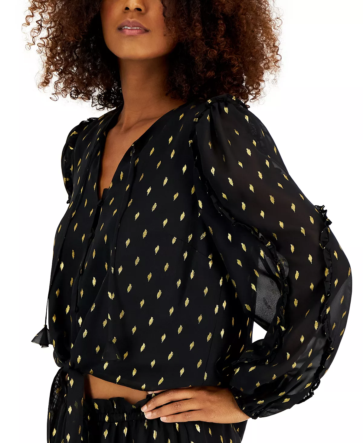 INC International Concepts Women's Long-Sleeve Metallic-Print Tie-Waist Blouse, Created For Macy's 3 INC International Concepts Women's Long-Sleeve Metallic-Print Tie-Waist Blouse, Created For Macy's - Image 3