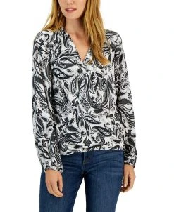 INC International Concepts Women's Printed Volume-Sleeve Surplice Top, Created For Macy's